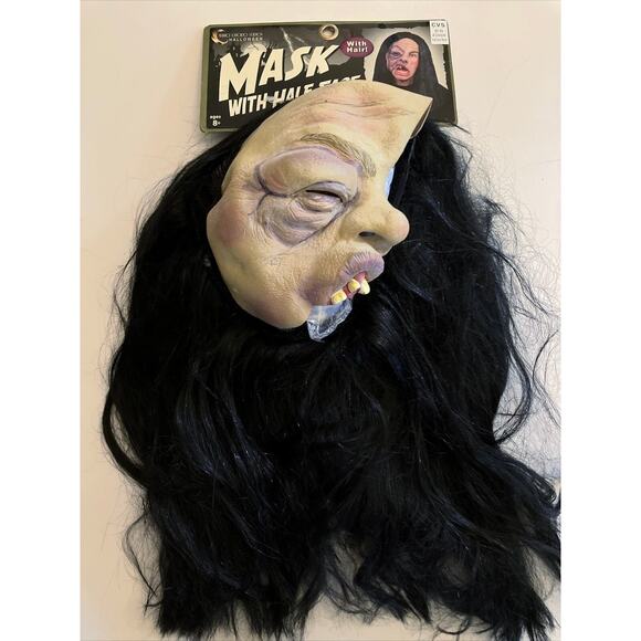 Halloween Mask NWT Vintage Latex Mario Chiodo Half Face Long Black Hair Ugly - Picture 2 of 7